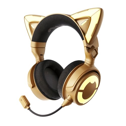 YOWU RGB-Katzenohr-Kopfhörer 4, verbessertes kabelloses und kabelgebundenes Gaming-Headset mit aufsteckbarem HD-Mikrofon, aktive Geräuschreduzierung (4, Gold) von YOWU