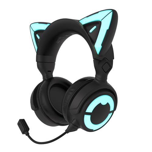 YOWU RGB-Katzenohr-Kopfhörer 4, verbessertes kabelloses und kabelgebundenes Gaming-Headset mit aufsteckbarem HD-Mikrofon, aktive Geräuschreduzierung (4GS, Schwarz) von YOWU