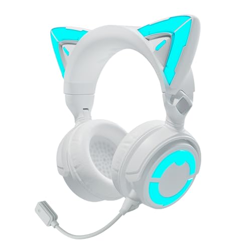 YOWU RGB-Katzenohr-Kopfhörer 4, verbessertes kabelloses und kabelgebundenes Gaming-Headset mit aufsteckbarem HD-Mikrofon, aktive Geräuschreduzierung (4GS, weiß) von YOWU