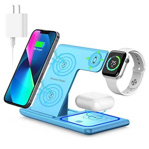 Kabelloses Ladegerät, 3 in 1 kabellose Ladestation, schneller Wireless Charger für iPhone14/13/12/11/Pro/Max/XS/XR/X/8/Plus, Apple Watch 7/6/5/4/3/2/SE, AirPods 3/2/Pro(Blau) von YOXINTA