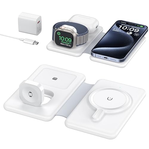 Wireless Charger für Magsafe Ladegerät,3 in 1 Faltbare Induktive Ladestation Kompatibel mit ladestation Apple Watch und iPhone 15 14 13 12 Serie,Apple Watch 8/7/SE/6/5/4/3/2,AirPods(mit Adapter) von YOXINTA