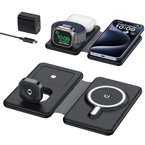 Wireless Charger für iPhone Ladestation,Kompatibel mit Magsafe Charger für iPhone 15/14/13/12 Series,Faltbare Charger travel Essentials für Apple Watch 8/7/6/5/4/3/2/SE and AirPods(mit Adapter) von YOXINTA