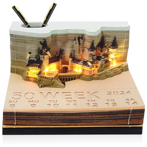 YOYIAG 3D Desk Calendar Notepad: 3D Castle Creative DIY-Notizen, 3D Calendar Tear Off 2024, LED-Kalender mit Licht und Stifthalter, kreatives Papierskulptur-Bastel-DIY-Geschenk von YOYIAG