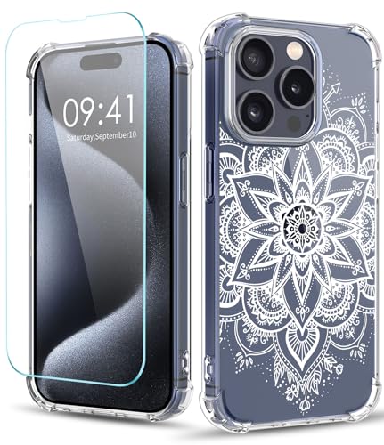 YOYORI Schutzhülle für iPhone 15 Pro Max (Blumenmuster, mit Displayschutzfolie), transparent, für Damen, stoßfest, schützend, weich, 17,5 cm (6,7 Zoll), 2023 (Mandala) von YOYORI