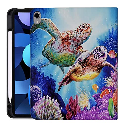 YOYOYX Schutzh?lle f?r iPad Air 5. Generation 2022 / iPad Air 4. 2020 11 Zoll, Premium PU Leder Slim Folding Adjustable Stand Smart Cover mit Auto Sleep/Wake, Sea Turtle Ocean Theme von YOYOYX