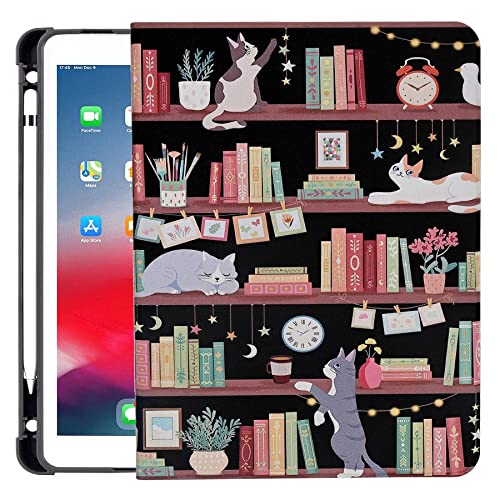 YOYOYX Schutzhülle für iPad Mini 5 2019 (5. Generation 7.9 Zoll) / iPad Mini 4 mit integriertem Apple-Stifthalter, PU-Leder, Ständerfunktion für Mädchen und Frauen, Katze auf Bücherregal von YOYOYX