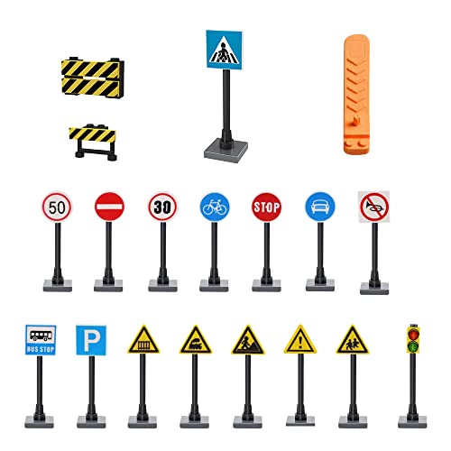 YPLonon Straßenschilder Set 18 Stück City Straßenschilder Set Zweckmässig City Verkehrszeichen Set für Bauplatten Verkehr Straßenschilder Bausteine Ampel Spielzeug Ergänzung für den Strassenteppich von YPLonon