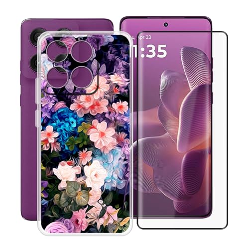 YQINHHME Handyhülle für Motorola Edge 60 Pro (6.70 Zoll) + Gehärtetes Glas Schutzfolie, Stoßfest Silikon Schutzhülle Tasche Ultradünne weiches TPU Case Hülle für Motorola Edge 60 Pro - Blumenwand von YQINHHME