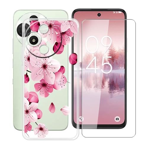 YQINHHME Handyhülle für TCL 60 SE NxtPaper 5G (6.7 Zoll) + Gehärtetes Glas Schutzfolie, Stoßfest Silikon Schutzhülle Tasche Ultradünne weiches TPU Case Hülle für TCL 60 SE NxtPaper 5G - Pfirsichblüte von YQINHHME
