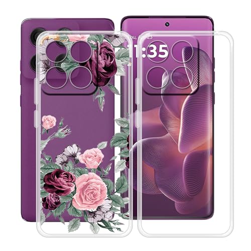 YQINHHME Hülle für Motorola Edge 60 Pro (6.70 Zoll), 2 Stück Stoßfest Anti-Kratzer Handyhülle Case Ultradünne Weiches TPU Bumper Schutzhülle Cover für Motorola Edge 60 Pro - Clear + Rote Rose von YQINHHME