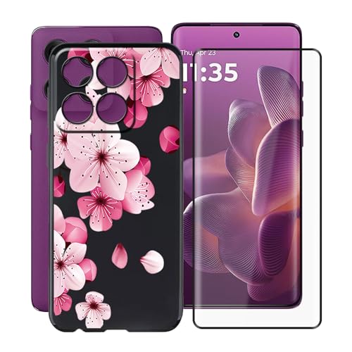 YQINHHME Hülle für Motorola Edge 60 Pro (6.70 Zoll) Mit 1 X Gehärtetem Glas Schutzfolie, Ultradünne Schwarz Kratzfest Weich TPU Bumper Schutzhülle Cover für Motorola Edge 60 Pro - Pfirsichblüte von YQINHHME