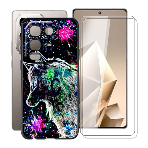 YQINHHME Schwarz Stoßfest Schutzhülle Hülle Cover für Infinix Note 50 Pro 4G (6.78 Zoll) + 2 Stück Gehärtetem Glas, Ultradünne Silikon Sanft TPU Bumper Handyhülle Case - Punkwolf von YQINHHME