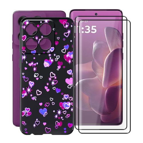 YQINHHME Schwarz Stoßfest Schutzhülle Hülle Cover für Motorola Edge 60 Pro (6.70 Zoll) + 2 Stück Gehärtetem Glas, Ultradünne Silikon Sanft TPU Bumper Handyhülle Case - Liebesblasen von YQINHHME
