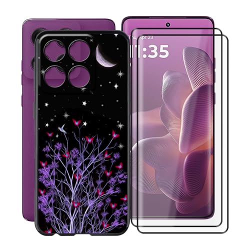 YQINHHME Schwarz Stoßfest Schutzhülle Hülle Cover für Motorola Edge 60 Pro (6.70 Zoll) + 2 Stück Gehärtetem Glas, Ultradünne Silikon Sanft TPU Bumper Handyhülle Case - Lila Nacht von YQINHHME