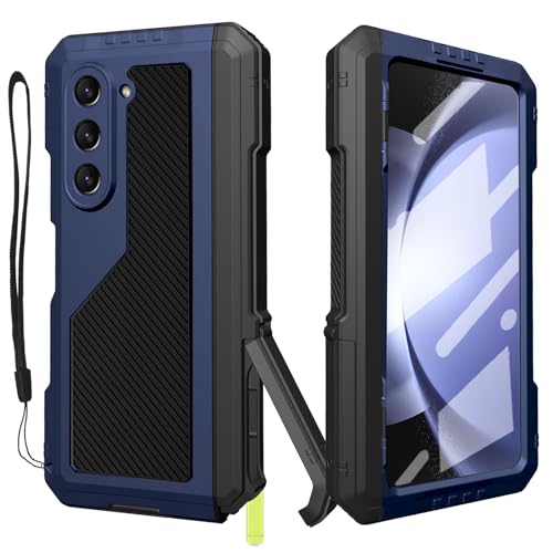 YQODSZ for Samsung Galaxy Z Fold 5 Metal Case with Fold5 S Pen Holder, Rugged Heavy Duty Z Fold 5 Case Screen Protector Kickstand Full Body Protection Z Fold 5 5g Phone Case Blue von YQODSZ