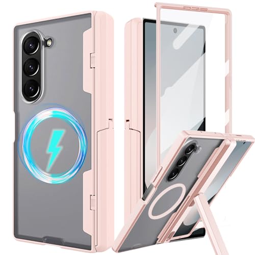 YQODSZ für Samsung Galaxy Z Fold 6 Magnetische Hülle, [Kompatibel mit Magsafe] Fold6 Handyhülle mit Scharnierschutz Displayschutzfolie Kratzfest Kickstand Schutzhülle für Z Fold 6 Rosa von YQODSZ
