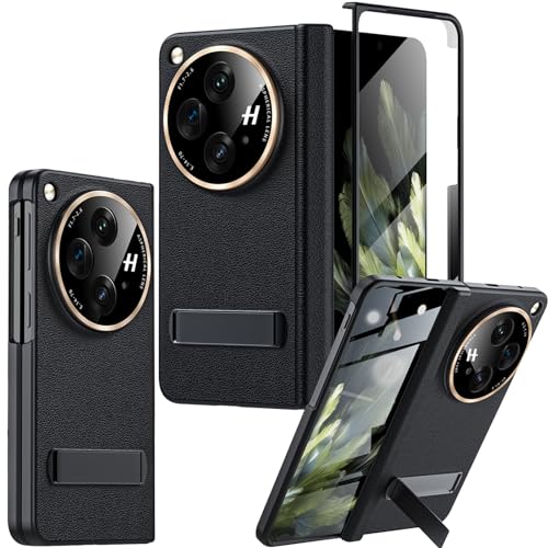 YQODSZ Offene Schutzhülle für OnePlus mit magnetischem Scharnierschutz, All-Inclusive-Schutzhülle für OnePlus Open, Displayschutzfolie, Kameraschutz, schlankes Leder, harte PC-Ständer, Schwarz von YQODSZ