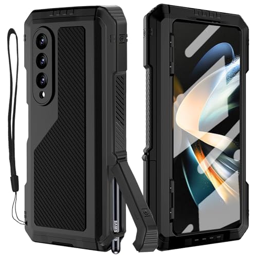 YQODSZ Schutzhülle für Samsung Galaxy Z Fold 4 mit verstecktem S Stifthalter, Ganzkörper, doppellagig, Metall, robuste Hülle, eingebauter Displayschutz, stoßfeste Handyhülle für Z Fold 4,Schwarz von YQODSZ