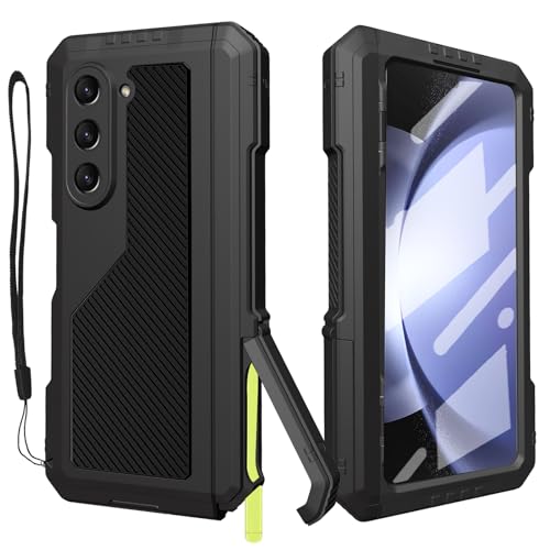 YQODSZ for Samsung Galaxy Z Fold 5 Metal Case with Fold5 S Pen Holder, Rugged Heavy Duty Z Fold 5 Case Screen Protector Kickstand Full Body Protection Z Fold 5 5g Phone Case Black von YQODSZ
