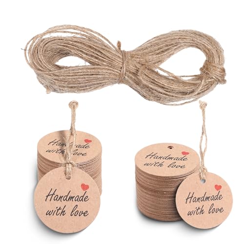 200 Stück Handgefertigte Etiketten, Handgefertigt mit Liebe, braune Geschenk-Etiketten, Personalisierte Geschenkanhänger für Geschenke, Basteln, Handgefertigtes Geschenk von YQQYG