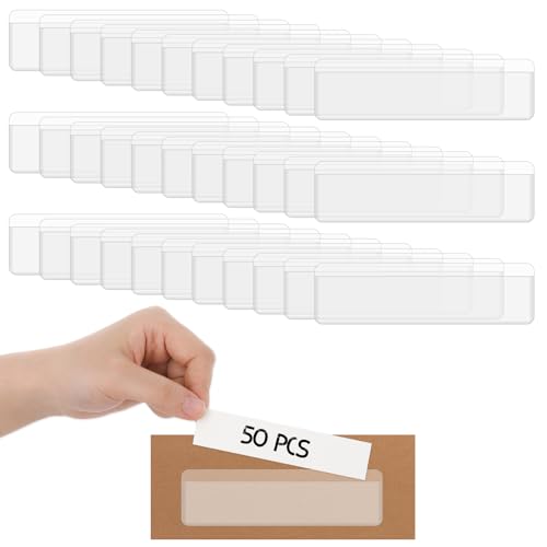 Etikettenhalter Selbstklebende 50 Stück, 11 x 3 cm Regalbeschriftung Etikettenhalter, Kunststoff-Etiketten für Aufbewahrungsboxen, Schubladenetiketten, Transparente Regaletiketten, Preisschilder von YQQYG