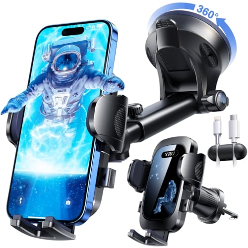 Handyhalterung Auto [2024 Best] Handy Halterung Auto [Stärkst Saugnapf & Clip] Universal Auto Handyhalterung Armaturenbrett Scheibe Lüftung für iPhone 15 Pro Max 14 13 12 Samsung S24, Blau Schwarz von YRU