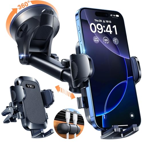 YRU Handyhalterung Auto [2024 Best] Handy Halterung Auto [Upgrade Stärkst Saugnapf & Clip] Universal Auto Handyhalterung Armaturenbrett Scheibe Lüftung für iPhone 15 Pro Max 14 13 Samsung,Mattschwarz von YRU