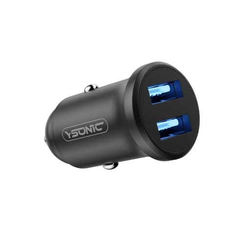 YSONIC USB-Autoladegerät für USB-kompatible Geräte wie Handy, Smartphone - Ladeadapter doppelt mit 2 USB-Buchsen - Ladestecker für Zigarettenanzünder - Wie-Eingebaut-Look, Alu, Blaue LED, 12-24V von YSONIC