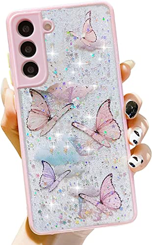 Samsung Galaxy S22 Plus Clear Glitter Case, Cute Sparkle Butterfly Bling Shiny Diamond Women Girls Cases Rubber Slim Shockproof Drop Phone Protective Cover for Galaxy S22 Plus (Pink Butterfly) von YTanazing