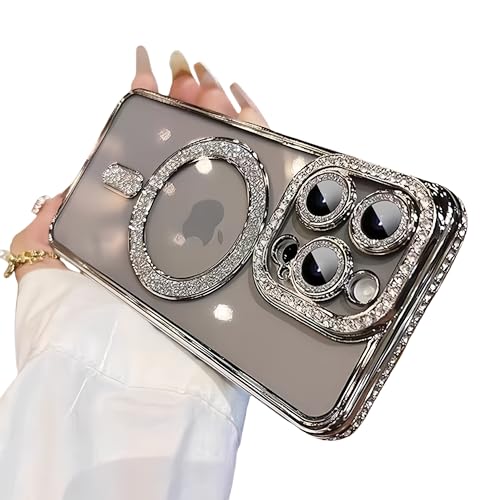 Transparente Glitzer-Schutzhülle für iPhone 16 Pro, kompatibel mit MagSafe, luxuriöse Beschichtung, glitzernde Strasssteine, weich, transparent, mit Diamant-Kameraschutz für Damen, Silber Transparente Glitzer-Schutzhülle für iPhone 16 Pro, kompatibel mit MagSafe, luxuriöse Beschichtung, glitzernde Strasssteine, weich, transparent, mit Diamant-Kameraschutz für Damen, Silber von YTanazing