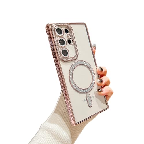 YTanazing Magnetische Schutzhülle für Samsung Galaxy S24, mit Glitzer-Diamant-Kameraschutz, luxuriöser Plating Bling Strass, weiche Bumper, klar, transparent, Handyhülle (kompatibel mit MagSafe), Rosa von YTanazing