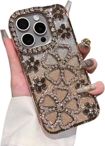 YTanazing Niedliche Glitzer Bling Blume Hülle für iPhone 16 Pro, Luxus Diamant Glitzer Strass 3D Floral Frauen Mädchen und Sparkly Shiny Slim Stoßfest Hülle für iPhone 16 Pro, Gold von YTanazing