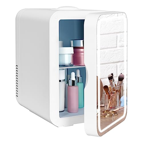 YU YUSING Mini Kühlschrank mit LED Spiegel 8 Liter, Kosmetik Kühlschrank mit LED Licht Make-Up Spiegel, 12V/220V Retro Klein Skincare Fridge Kühl/Heizfunktion für Autos Büros Schlafzimmer Schlafsäle von YU YUSING