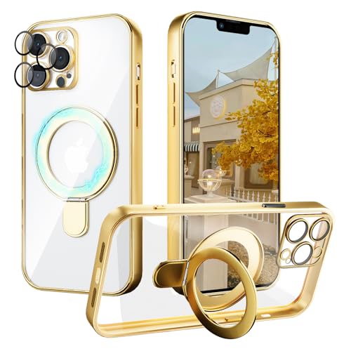 YUANDMI iPhone 12 Pro Max Hülle mit MagSafe, Hanyhülle iPhone 12 Pro Max Magnetisch mit Ständer Galvanisierte Leicht Dünn, Anti-Gelb Kratzfest Schutz Stoßfest Hülle iPhone 12 Pro Max Transparent Gold von YUANDMI