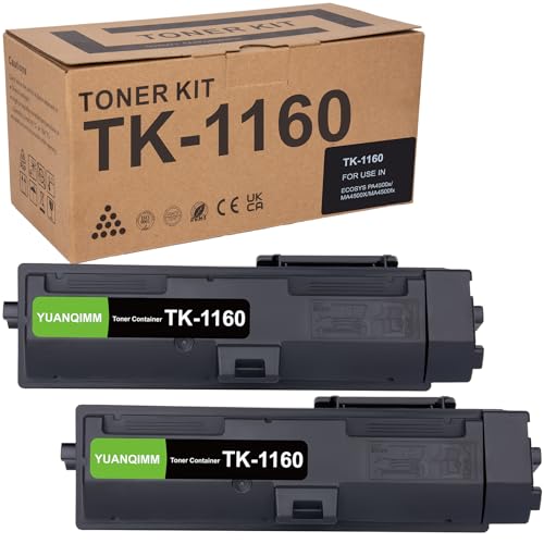 YUANQIMM TK1160 TK-1160 Schwarz Toner Kompatibel für Kyocera TK-1160 für Kyocera Ecosys P2040dn P2050DN P2040DW- 7.200 Seiten (2 Schwarz, 2 er-Pack) von YUANQIMM