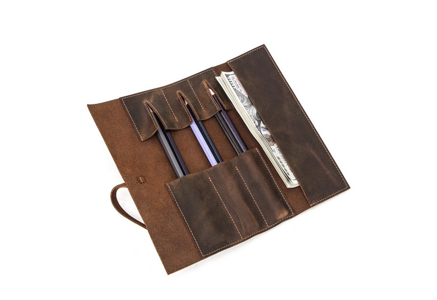 YUBRO-STUDIO Stifthülle Handgefertigtes Etui aus Crazy Horse Leder Vintage Roll-Up Stifttasche YUBRO-STUDIO Stifthülle Handgefertigtes Etui aus Crazy Horse Leder Vintage Roll-Up Stifttasche von YUBRO-STUDIO