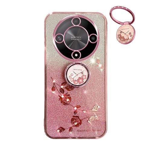 YUECXIN Hülle für Honor Magic6 Lite 5G (Magic 6 Lite) mit Glänzende Blumen Ring Ständer, Niedliche Bling Frauen Mädchen Handyhülle, Ultra Dünn Stoßfest Weich TPU Silikon Schutzhülle, Rosa von YUECXIN