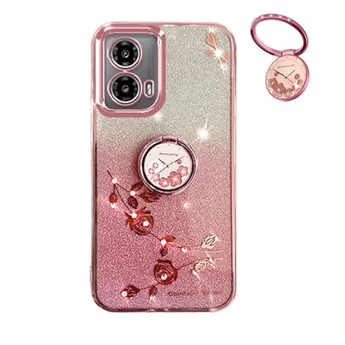 YUECXIN Hülle für Motorola Moto G34 5G / Moto G45 5G mit Glänzende Blumen Ring Ständer, Niedliche Bling Frauen Mädchen Handyhülle, Ultra Dünn Stoßfest Weich TPU Silikon Schutzhülle, Rosa von YUECXIN