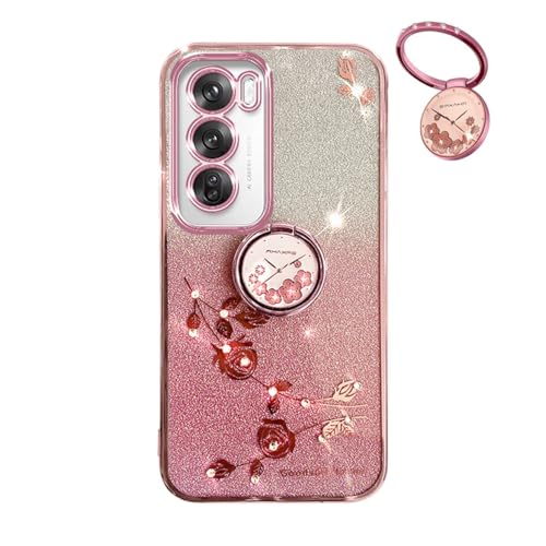 YUECXIN Hülle für Oppo Reno12 5G (Reno 12 5G) mit Glänzende Blumen Ring Ständer, Niedliche Bling Frauen Mädchen Handyhülle, Ultra Dünn Stoßfest Weich TPU Silikon Schutzhülle, Rosa von YUECXIN