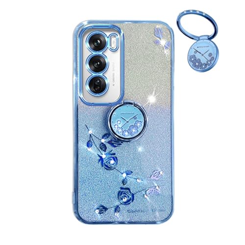 YUECXIN Hülle für Oppo Reno12 Pro 5G (Reno 12 Pro 5G) mit Glänzende Blumen Ring Ständer, Niedliche Bling Frauen Mädchen Handyhülle, Ultra Dünn Stoßfest Weich TPU Silikon Schutzhülle, Blau von YUECXIN