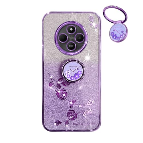 YUECXIN Hülle für Xiaomi Redmi 14C 4G/Redmi A4 5G/Poco C75 mit Glänzende Blumen Ring Ständer, Niedliche Bling Frauen Mädchen Handyhülle, Ultra Dünn Stoßfest Weich TPU Silikon Schutzhülle, Lila von YUECXIN