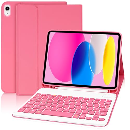 Französisch Tastaturhülle für iPad 10. Generation 10.9“ 2022-Leichtes Smart Cover mit Weck-/Standby-Funktion- Abnehmbare, kabellose Tastaturhülle für iPad 2022 10. Generation - Himbeerrot von YUEJIDZ