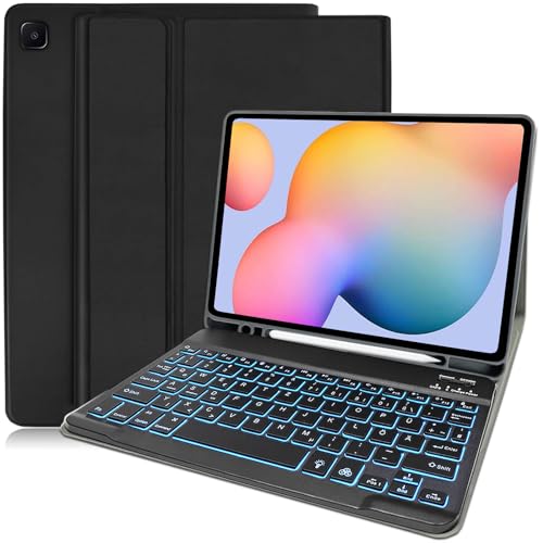 Hülle mit Tastatur für Tab S6 Lite 2022,Schutzhülle mit kabellos Abnehmbarer Beleuchteter Tastatur (Deutsches QWERTZ) für Samsung Galaxy Tab S6 Lite 10.4" 2022(P613/P619) 2020(P610/P615),Schwarz von YUEJIDZ