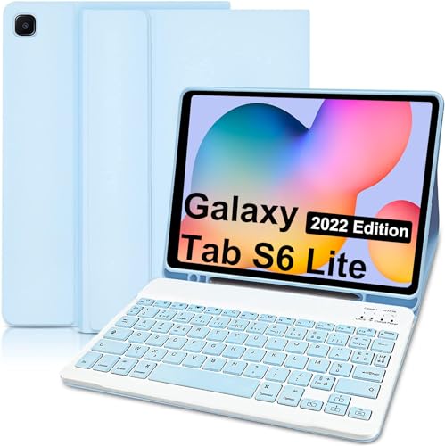 YUEJIDZ Galaxy Tab S6 Lite TastaturhüLle, Leder Folio Cover Mit Abnehmbarer Magnetischer Französisch Layout(QWERTZ) Bluetooth Tastatur für Samsung Tab S6 Lite 10,4 Zoll (Sm-P610 / P615,2020), Blau von YUEJIDZ