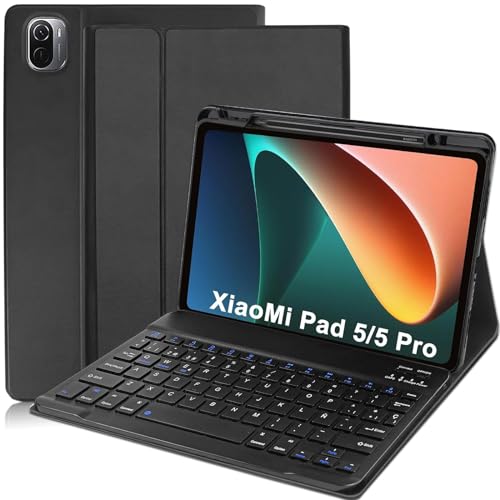 YUEJIDZ Spanische Tastaturhülle Ñ für Xiaomi Mi Pad 5/5 Pro, Ultra Slim Lederhülle mit Abnehmbarer kabelloser Bluetooth-Tastatur magnetisch für Xiaomi Mi Pad 5/5 Pro 11 Zoll, Schwarz von YUEJIDZ