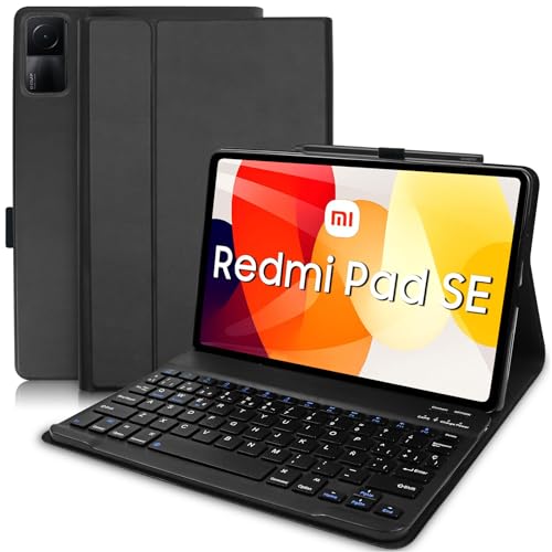 YUEJIDZ Spanische Tastaturhülle Ñ für Xiaomi Redmi Pad SE, intelligente Schutzhülle aus Premium-PU-Leder mit QWERTY-Design, abnehmbare Bluetooth-Tastatur, kompatibel mit Redmi Pad SE 11 Zoll 2023 von YUEJIDZ