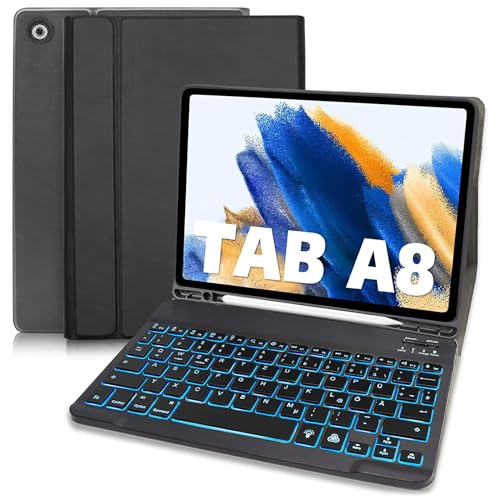 YUEJIDZ Tastatur Hülle für Samsung Galaxy Tab A8 10,5 Zoll 2021 Modell SM-X200/X205/X207,(Deutsches QWERTZ) Slim Stand Cover magnetisch Abnehmbarer kabelloser Tastatur mit Hintergrundbeleuchtung von YUEJIDZ