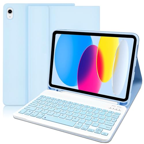 YUEJIDZ Tastatur Hülle für iPad 10. Generation, Multi-Angle Magnetic Stand Cover für iPad 10.9 Zoll 2022, Abnehmbare Drahtlose Bluetooth Tastatur (Spanisch Layout,QWERTY) für iPad 10. Gen. 2022, Blau von YUEJIDZ