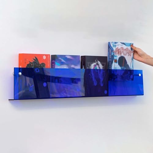 YUEKOPOU Wall Mounted Acrylic Floating Shelves - Modern Clear Magazine Rack & Brochure Display Stand Plastic Book Organizer for Office & Home(Blue,100cm(39 3/8")) von YUEKOPOU