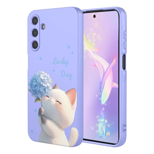 YUEQIAN Flüssig Silikon Hülle für Samsung Galaxy A55 5G, Ultradünn Weich Liquid TPU Stoßfest Schutzhülle, Blumen Cartoon Mädchen Muster Mikrofaserfutter Handyhülle. Katze von YUEQIAN